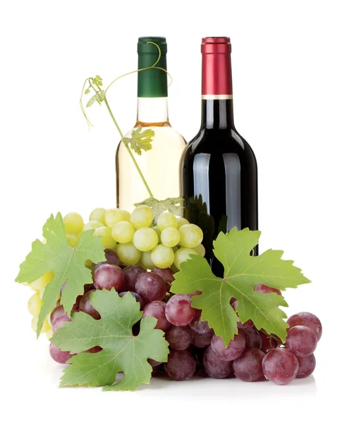 Dos botellas de vino y uvas —  Fotos de Stock