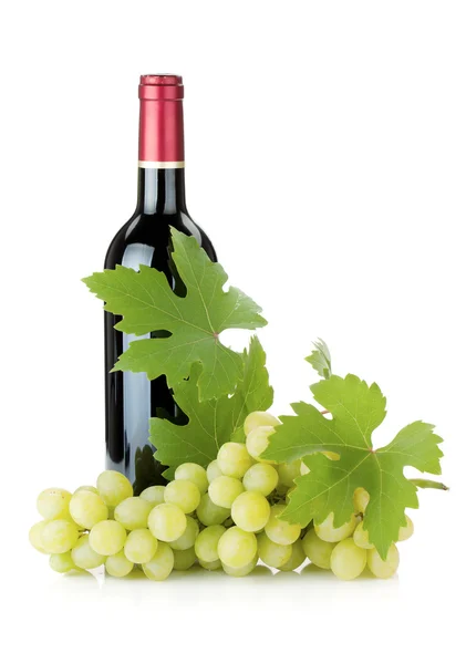Пляшка червоного вина та виноград — стокове фото