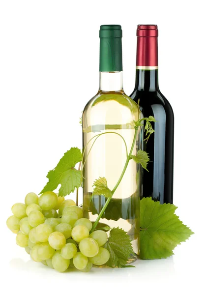Garrafas e uvas de vinho branco e tinto — Fotografia de Stock
