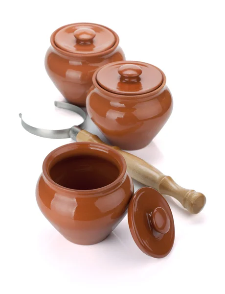 Three clay pots and holder — Stock Photo, Image