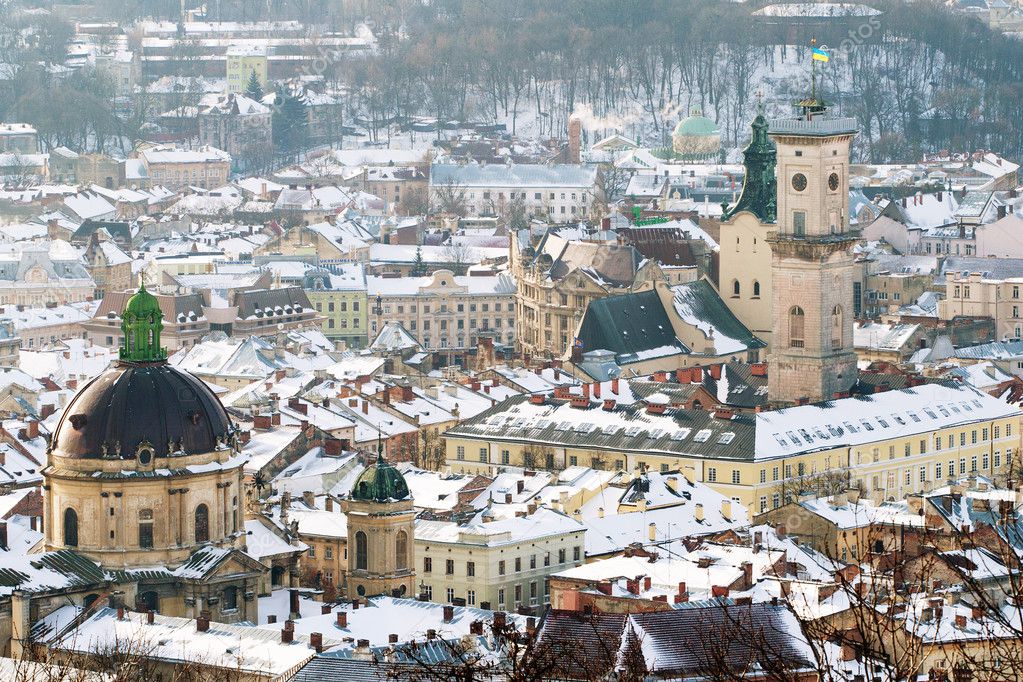 Winter view of Lviv, Ukraine central part Stock Editorial Photo