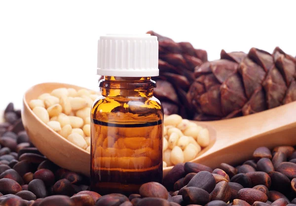 Pine nuts and bottle of essential oil — Stock Photo, Image