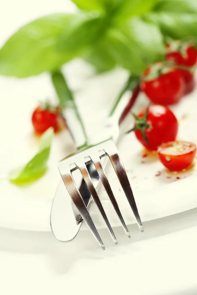 Φρέσκες ντομάτες, μαχαίρι και πιρούνι σε ένα πιάτο — Φωτογραφία Αρχείου