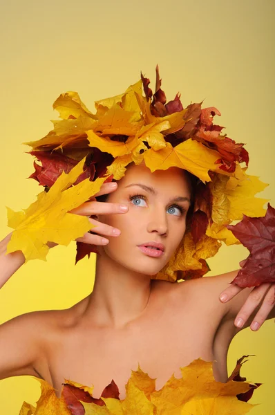 Beautiful woman with autumn leaves on yellow — Stock Photo, Image