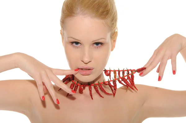 Sexy woman with jewelry of hot pepper — Stock Photo, Image