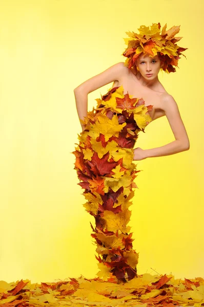 Woman in gown of autumn leaves — Stock Photo, Image