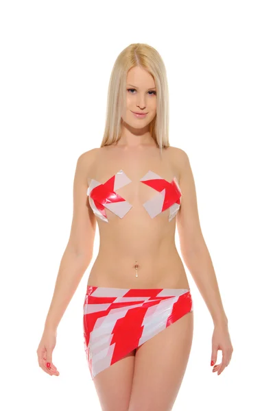 Sexy žena s červenou a bílou výstražné pásky — Stock fotografie