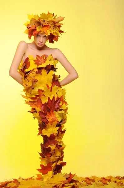 Kadın elbise sonbahar yaprakları — Stok fotoğraf