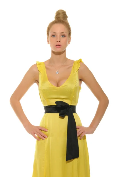 Beautiful woman in yellow dress — Stock Photo, Image