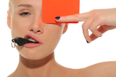 Beautiful woman with whistle and red card clipart