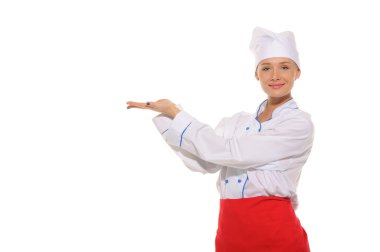 Woman chef with an outstretched two hands