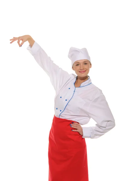 Happy woman chef picks up — Stockfoto