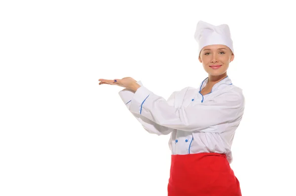 Woman chef with an outstretched two hands — Stockfoto