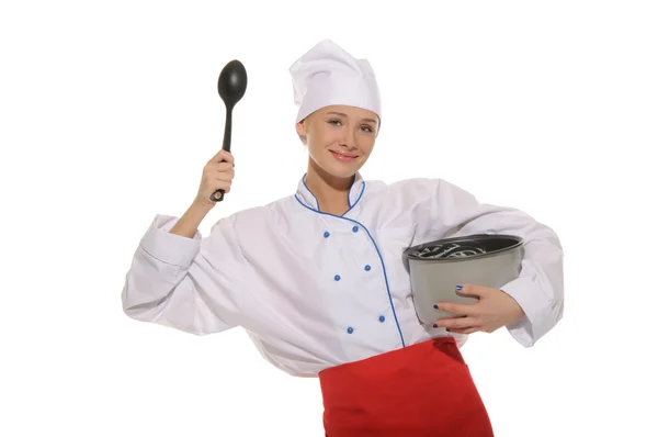 幸せな女性調理鍋にスプーン — ストック写真