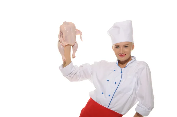 Szczęśliwa kobieta kucharz surowego kurczaka — Zdjęcie stockowe