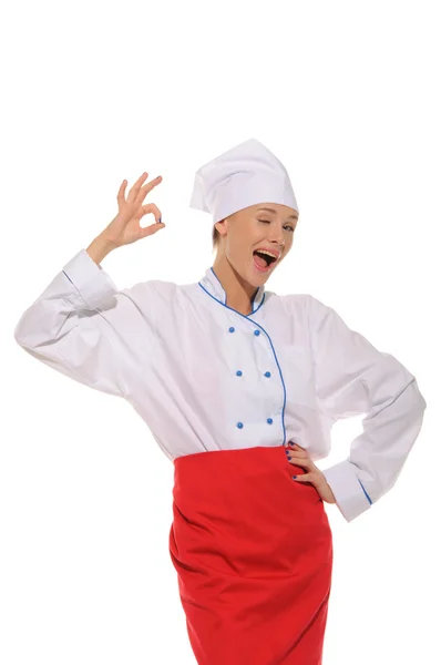 행복 한 아름 다운 여자 요리사 — 스톡 사진