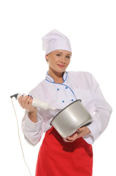 Szczęśliwa kobieta kucharz z blendera i pot — Zdjęcie stockowe