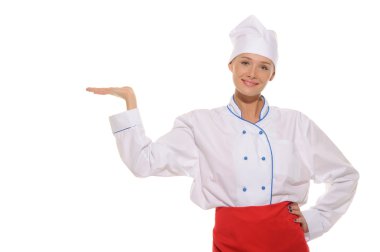 Woman chef with an outstretched hand clipart