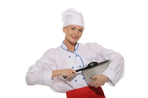 Szczęśliwa kobieta kucharz z patelni i łyżka — Zdjęcie stockowe