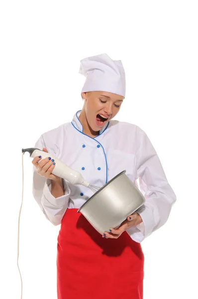 Dissatisfied woman chef with blender and pot — Stock Photo, Image