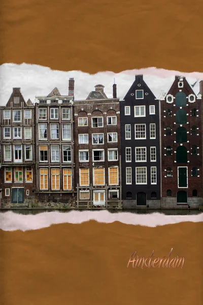 stock image Amsterdam houses ripped paper postcard