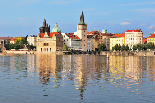 Prague, Czech Republic. Bedrich Smetana embankment and the Old water tower