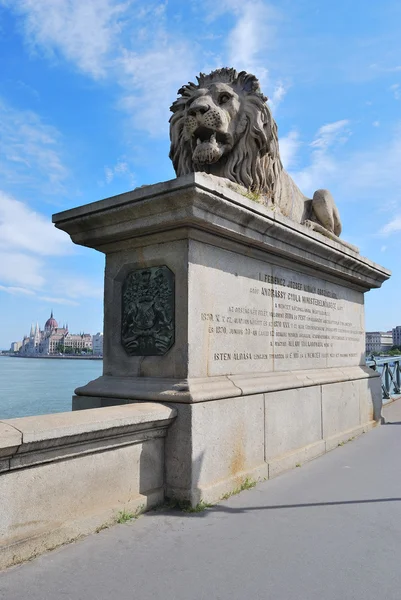 Budapešť. socha lva na Řetězový most — Stock fotografie