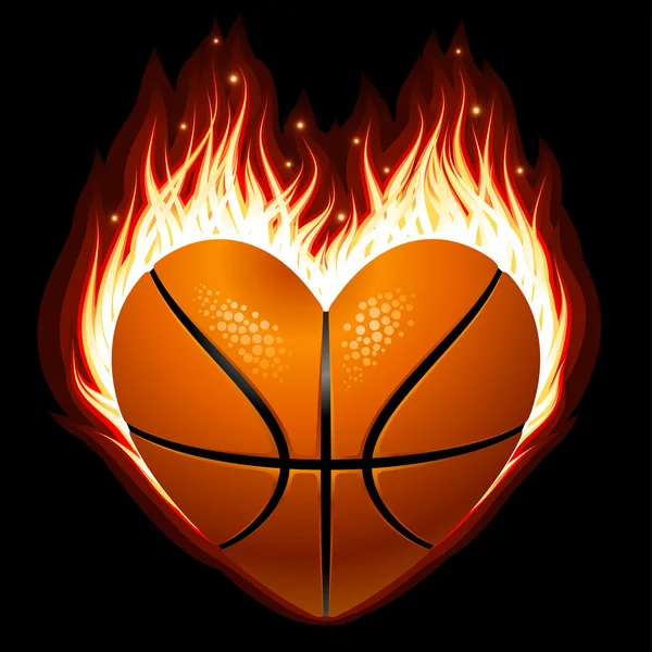 Baloncesto vectorial en llamas en forma de corazón — Vector de stock