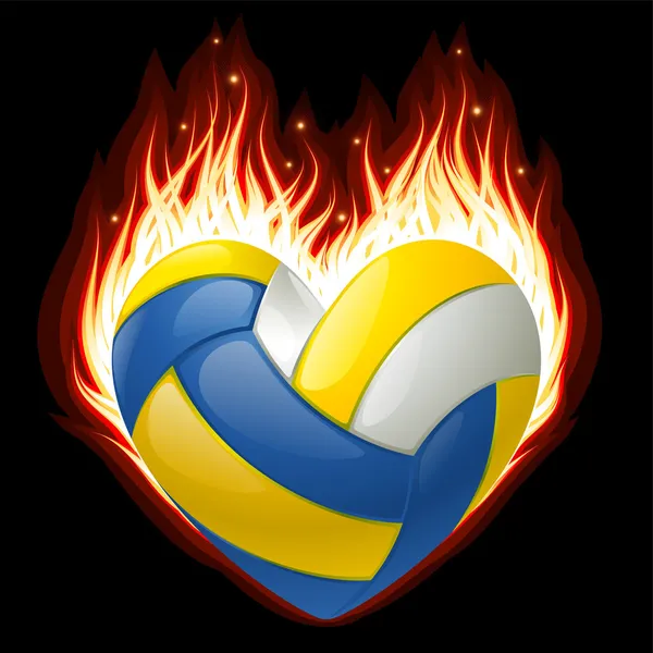 Vector volleyball on fire in the shape of heart — Stock Vector