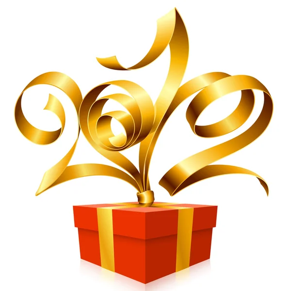 Año Nuevo y fondo de Navidad con cinta de oro vector y caja de regalo — Vector de stock