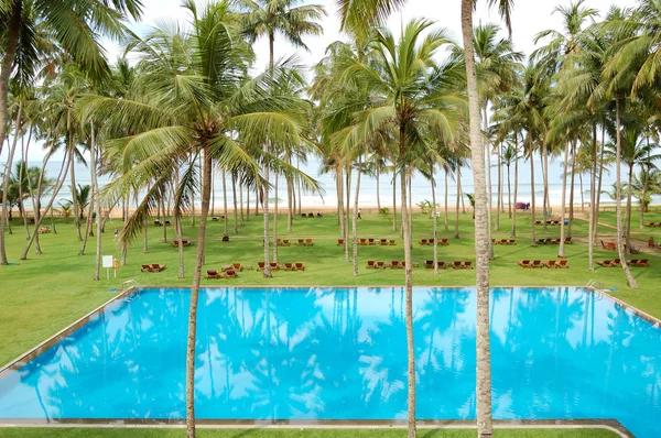 Бассейн и пляж роскошного отеля, Бентота, Шри-Ланка — стоковое фото