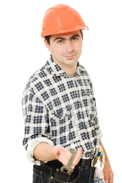 Lavoro in casco su sfondo bianco . — Foto Stock