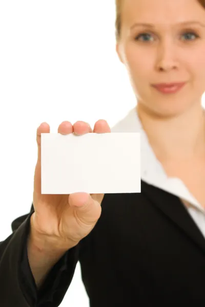 Femme d'affaires avec carte de visite à la main . — Photo