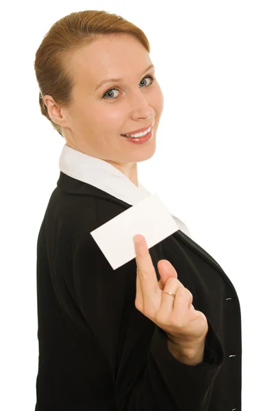 Donna d'affari con biglietto da visita in mano . — Foto Stock