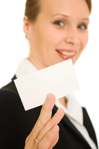 Geschäftsfrau mit Visitenkarte in der Hand. — Stockfoto