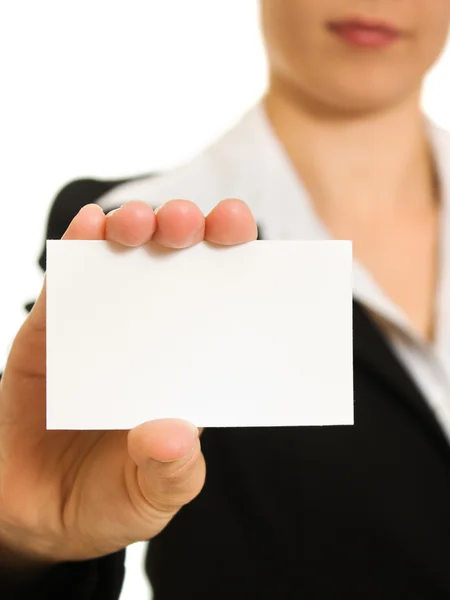 Businesswoman with visit card in his hand. — Stock Photo, Image