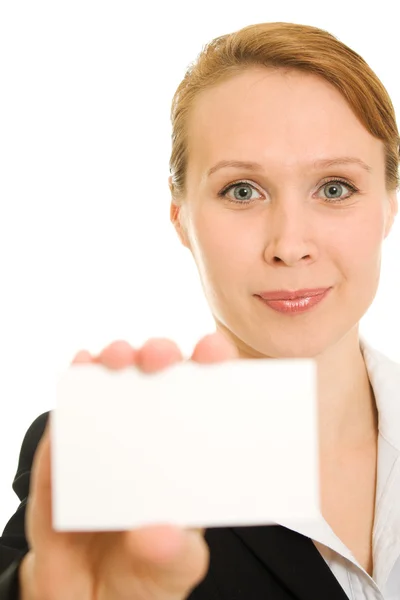 Affärskvinna med besök kortet i sin hand. — Stockfoto