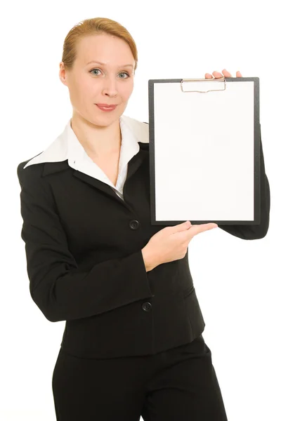 女商人在白色背景上显示空白页. — 图库照片