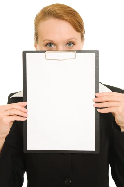 Iş kadını boş bir sayfa üzerinde beyaz bir arka plan gösterir.. — Stok fotoğraf