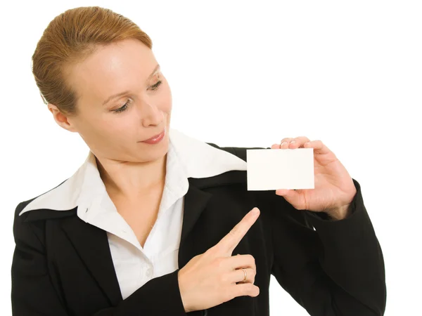 Empresária com cartão de visita em sua mão . — Fotografia de Stock