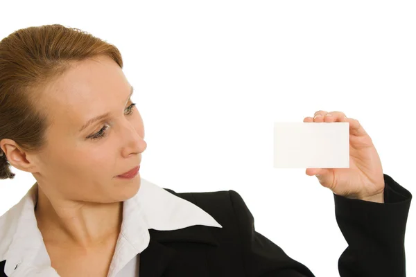 Empresaria con tarjeta de visita en la mano . —  Fotos de Stock