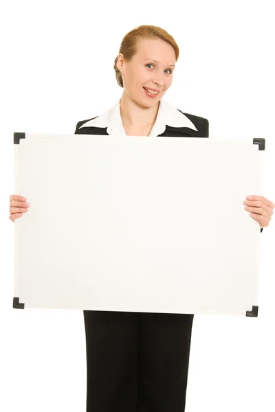 Egy fehér tábla tartó női. — Stock Fotó
