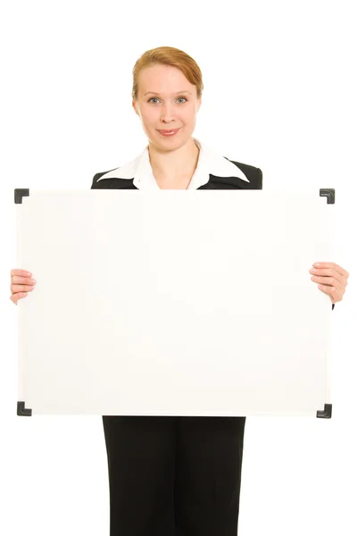 Mulher segurando um quadro branco . — Fotografia de Stock