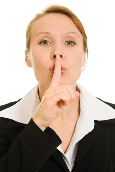 Geschäftsfrau deutet Geste des Schweigens an. — Stockfoto