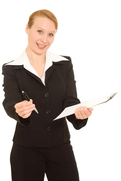 Geschäftsfrau unterschreibt das Dokument auf weißem Hintergrund. — Stockfoto