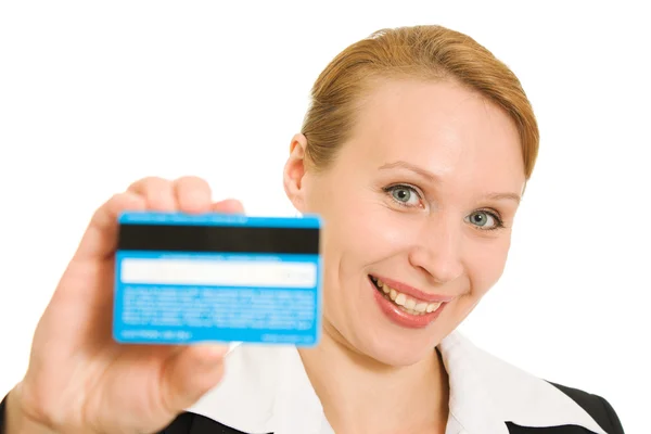 Empresária com cartão de débito sobre fundo branco . — Fotografia de Stock