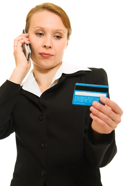 Zakenvrouw met een debit-card op een witte achtergrond. — Stockfoto