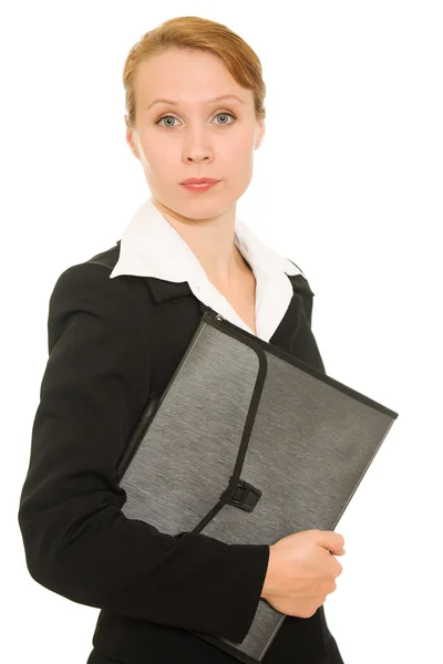 Geschäftsfrau mit Ordner auf weißem Hintergrund. — Stockfoto