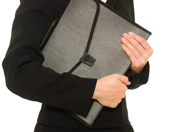Businesswoman with folder on a white background. — Stock Photo, Image