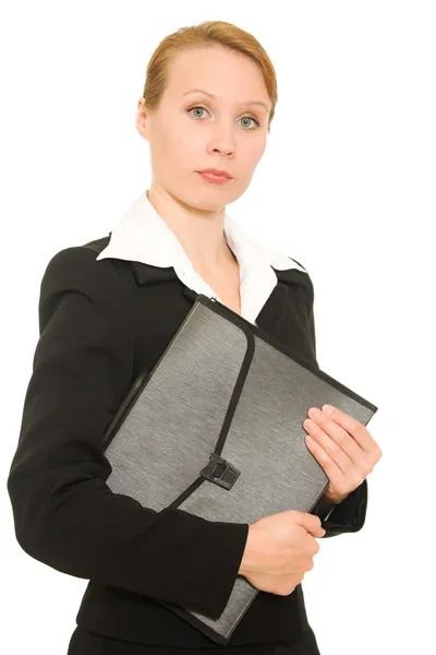Geschäftsfrau mit Ordner auf weißem Hintergrund. — Stockfoto